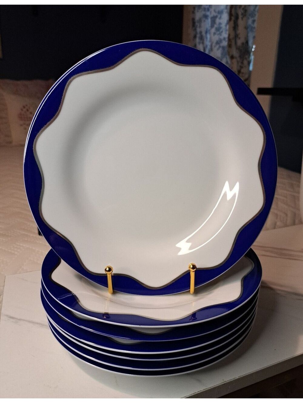 Vintage Pottery Barn Set of 7 Hanukkah Salad Plates Blue/Silver Pattern 8.5"